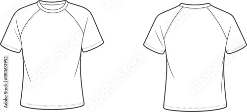 Men raglan sleeve t shirt technical drawing, front and back view apparel template, casual clothing garment outline vector illustration for fashion design