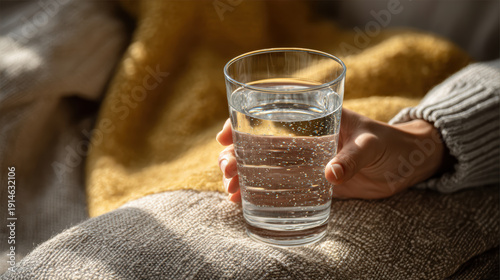 Human hand holding refreshing glass of sparkling water on cozy sunny day with warm blanket feeling relaxed and hydrated