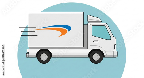 White delivery truck with blue and orange logo on side moving fast