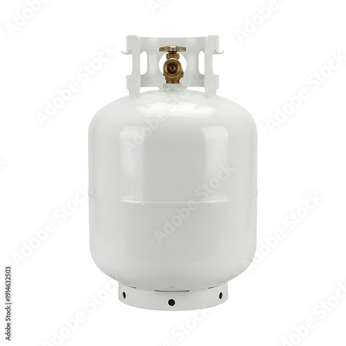 White propane gas cylinder tank with brass valve and handle, isolated on transparent background, common household item for cooking and heating fuel supply