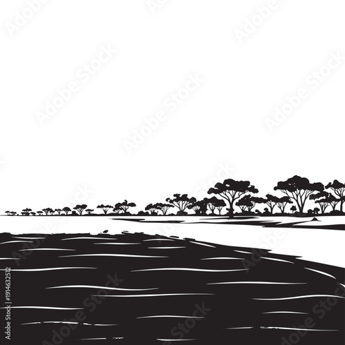 Quiet monochrome coastal landscape with silhouetted trees along a distant shoreline and dark foreground.