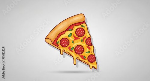 Delicious melted cheese pizza slice with pepperoni and basil on a plain background