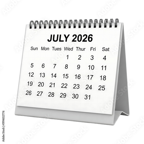July 2026 desk calendar page showing days and dates arranged in a grid with spiral binding on stand, isolated on transparent background