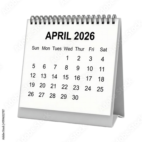 April 2026 desk calendar page showing days and dates arranged in a grid with spiral binding on stand, isolated on transparent background