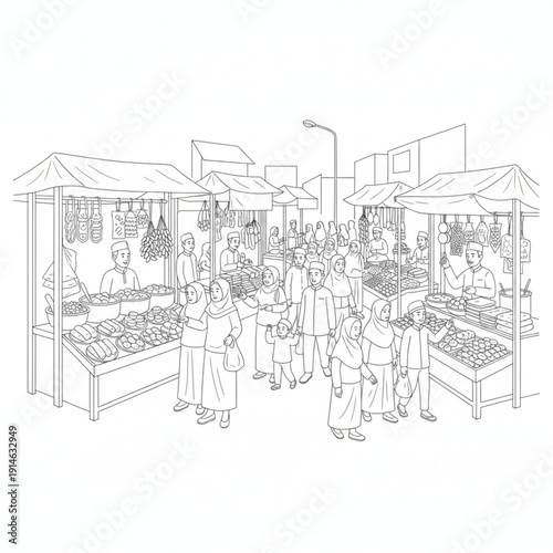 Traditional ramadan street market selling takjil and food line art, islamic fasting month festive atmosphere.
