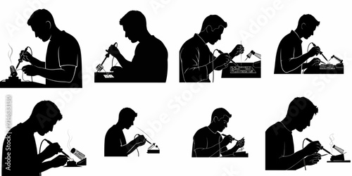 Collection of black silhouettes illustrating a man soldering electronic components onto a printed circuit board, representing repair or assembly work.