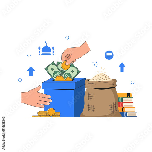 Islamic Zakat and Sadaqah Charity Donation Concept with Money Box Rice Bag and Books Vector Illustration
