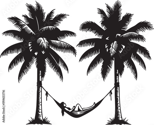 Black silhouette of person resting in hammock between two palm trees black and white tropical