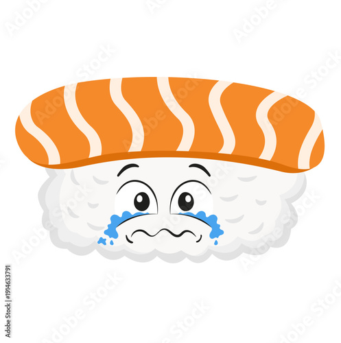 Cute Cartoon Salmon Nigiri Sushi Character with Crying Face Illustration Isolated on White Background