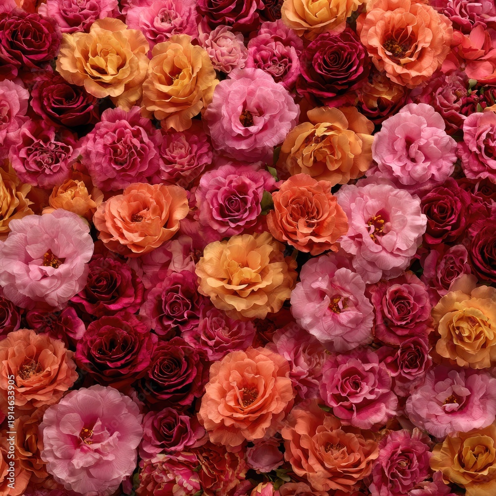 Fototapeta premium Colorful Floral Arrangement of Pink Orange and Red Roses with Green Leaves for Decorative Use