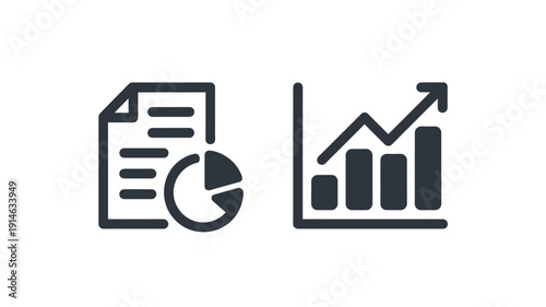 Black and white of a document with a pie chart and a bar graph with an upward trend