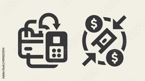 Black and white of a gas pump and a circular money flow diagram dollar