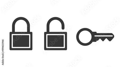 Black and white of a locked padlock, an unlocked padlock, and a key
