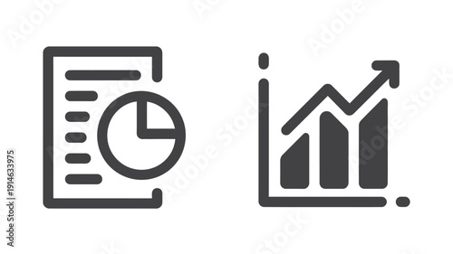 Black and white of a pie chart and a bar chart with an upward trend arrow
