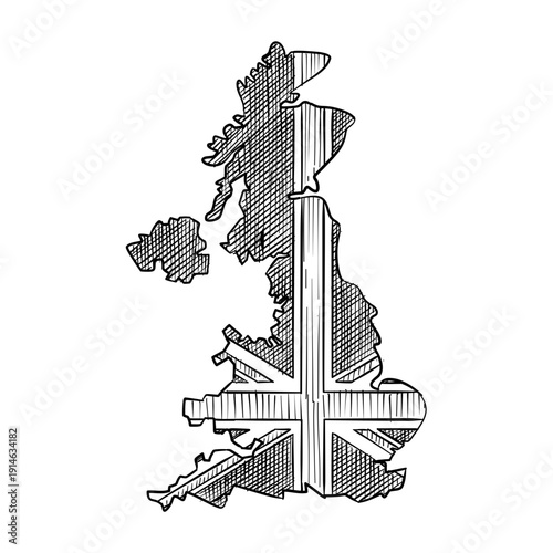 united kingdom map with flag vector line art hand drawn illustration