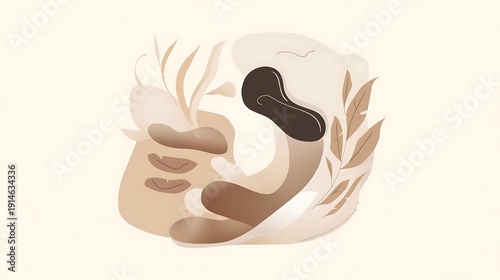 Stylized illustration of a platypus nestled among abstract organic shapes and leaves in warm, earthy tones, creating a peaceful and minimalist scene.