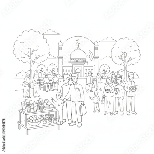 People spending time waiting for iftar ngabuburit at the park with street food line art, ramadan lifestyle.

