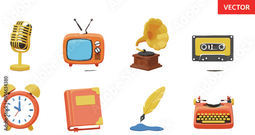 Retro Vintage Objects Vector Set with Microphone, Old Television, Gramophone, Cassette Tape, Typewriter, and Classic Media Elements for Nostalgic Designs