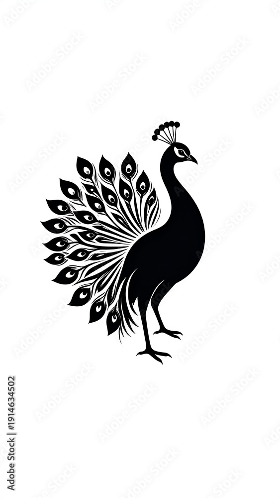 Fototapeta premium Black and white illustration of a peacock with intricate tail feathers, standing proudly on white background. Elegant vector design
