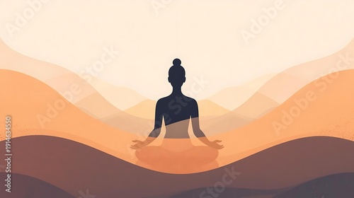 A silhouette of a person meditating in a serene, layered landscape with warm, earthy tones, evoking peace and mindfulness.