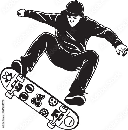 Skateboarder in black clothing performing trick