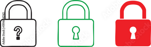 Three padlock in black, green, and red with question mark and keyhole symbols padlocks locks security