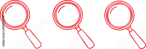 Three red magnifying glasses on white background search investigation