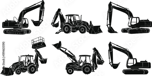 Construction Excavator and Backhoe Loader Silhouette Set Vector Illustration, Heavy Equipment Machinery Collection for Building, Engineering, Mining and Industrial Work Concept