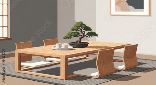 Modern dining room with wooden table chairs bonsai tree and tea cups on a rug sunny interior with abstract art