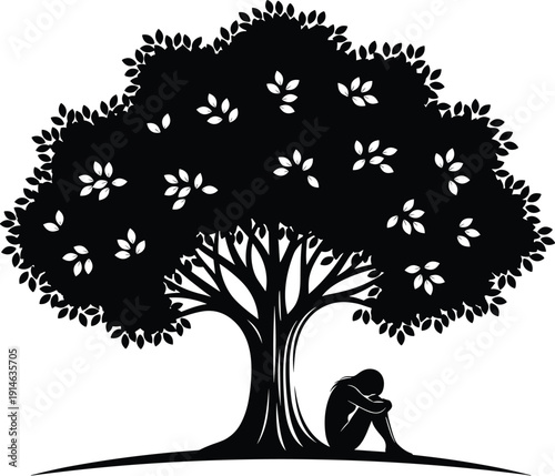 Lonely Person Sitting Under Large Tree Silhouette Vector Illustration, Sad Human Figure in Nature Landscape for Mental Health, Solitude and Reflection Concept