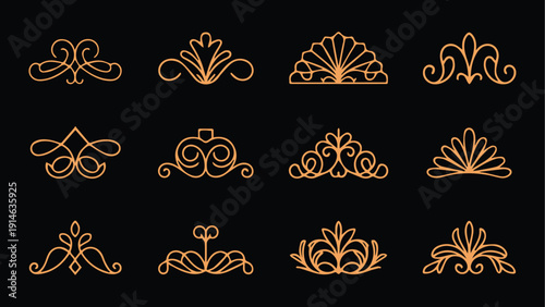 Set of 12 elegant gold line art ornate decorative flourishes and swirls