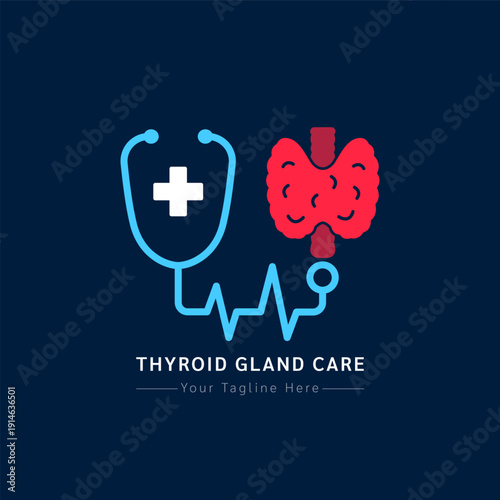 Medical health care logo design modern simple shape. White cross or plus sign in blue stethoscope and red human thyroid gland on a dark background. Vector illustration.