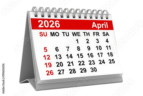 A realistic depiction of an april 2026 desk calendar showcasing dates and days ideal for projects on transparent background high quality professional detailed