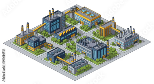 Isometric 3D illustration of an industrial complex with buildings and factories on a white background