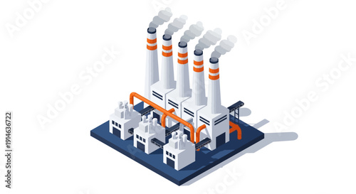 Isometric illustration of an industrial factory with smokestacks and pipes on a blue base against a white background.