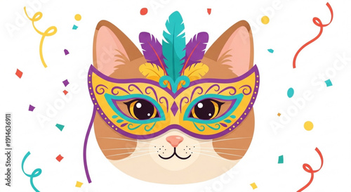 Vibrant cat wearing colorful mardi gras masquerade mask with feathers and confetti on white background for festive celebration