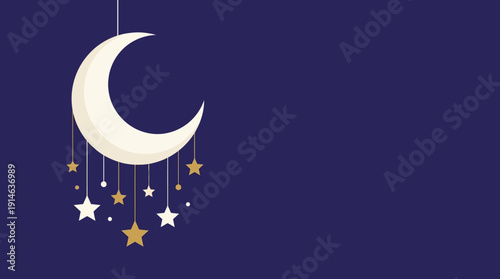 Minimalist crescent moon and golden stars illuminating a serene solid color night sky, ideal for festive greetings, dreamy backgrounds, and peaceful celebrations