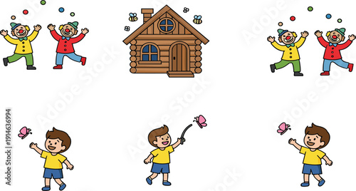 Cartoon clowns juggling balls wooden cabin and happy kids playing with butterfly vector illustration set