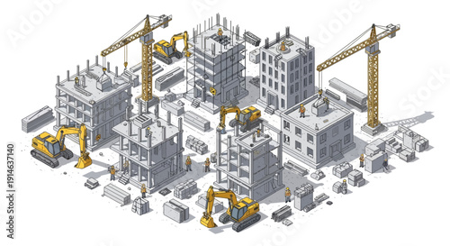 Isometric 3D illustration of a construction site with cranes and machinery building a modern cityscape
