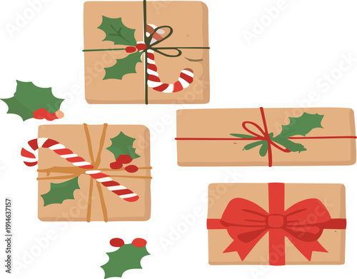 Christmas Gift Boxes with Holly Leaves and Candy Canes Festive Holiday Vector Illustration Set
