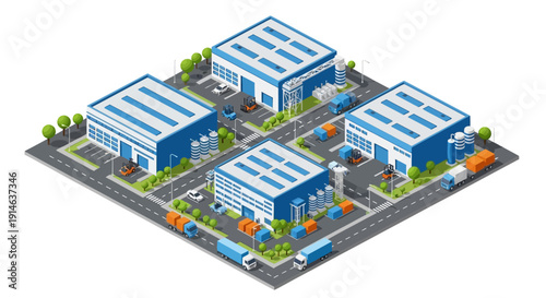 Isometric view of a blue industrial complex with parking lots and trees on a grey background.