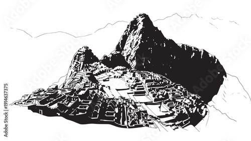 Ancient stepped pyramid rises above rugged terrain in monochrome illustration.