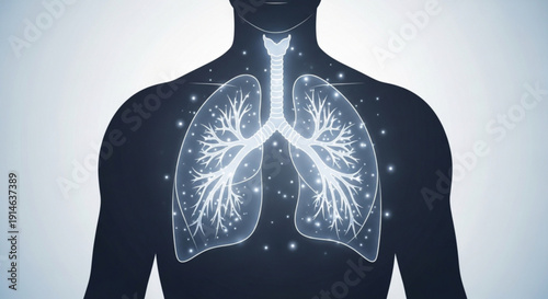 Human torso with glowing lungs and airways on dark blue body against light background representing respiratory health and medical concept