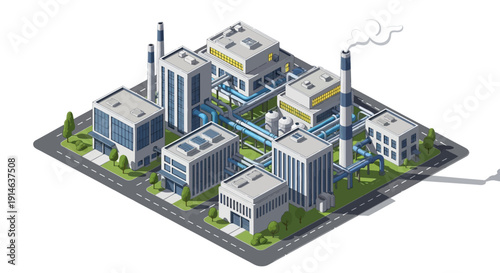 Isometric illustration of an industrial complex with buildings, pipes, and smokestacks on a green landscape
