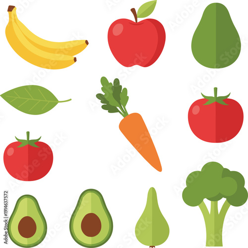 Professional flat design fruit and vegetable icon collection featuring healthy organic food assets like bananas, apples, avocados, tomatoes, and broccoli for culinary UI design
