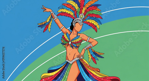 Vibrant samba dancer in colorful costume performing on stage with dynamic feathered headdress and flowing skirt