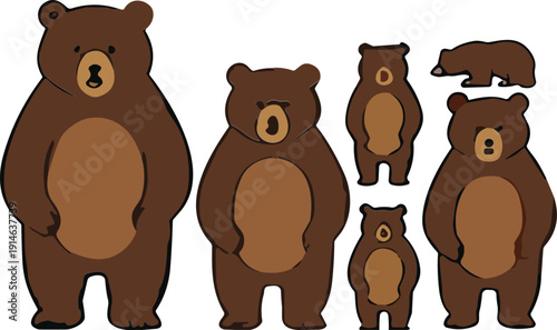 Cute Brown Bear Character Collection Standing and Walking Cartoon Wildlife Vector Illustration Set