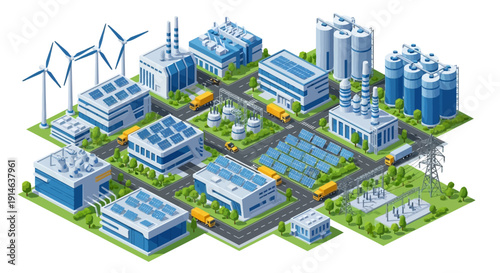 Isometric illustration of an industrial complex with solar panels and wind turbines on a green landscape