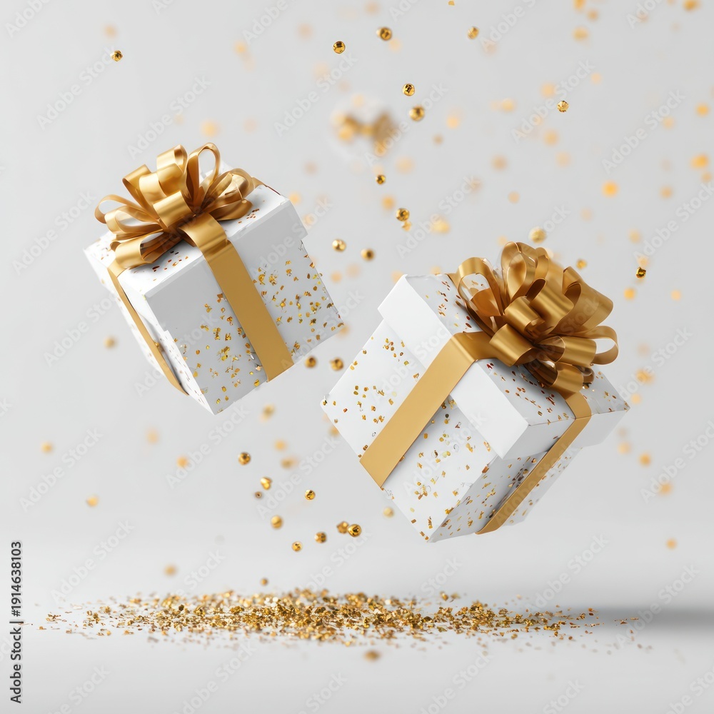custom made wallpaper toronto digitalElegant White Gift Boxes with Gold Ribbons Floating in Sparkling Confetti Scene