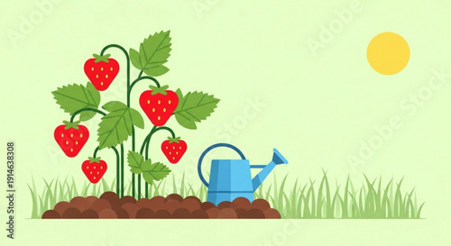 Strawberry plant with ripe red fruits growing in soil watered by blue watering can under sunny day
